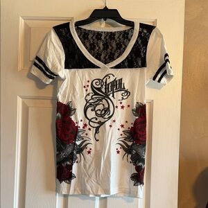 Sinful brand Women's White Lace Yoke Tee with Red Rose Graphic